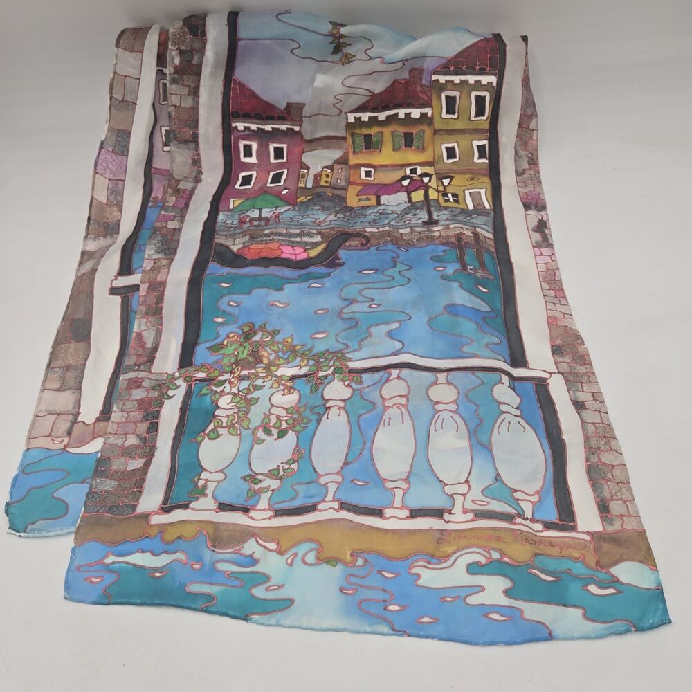 Linnea Pergola Hand Painted Silk Scarf Venice Italy Signed Wearable Art Artisan